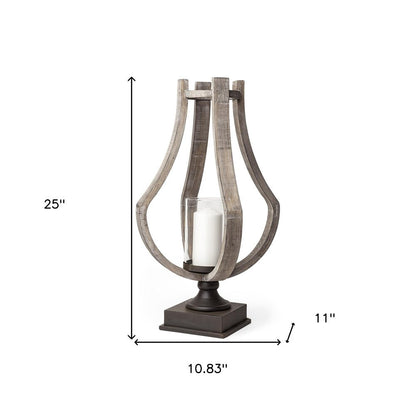25" Brown Distressed Geometric Solid Wood Metal And Glass Tabletop Hurricane Candle Holder HomeRoots