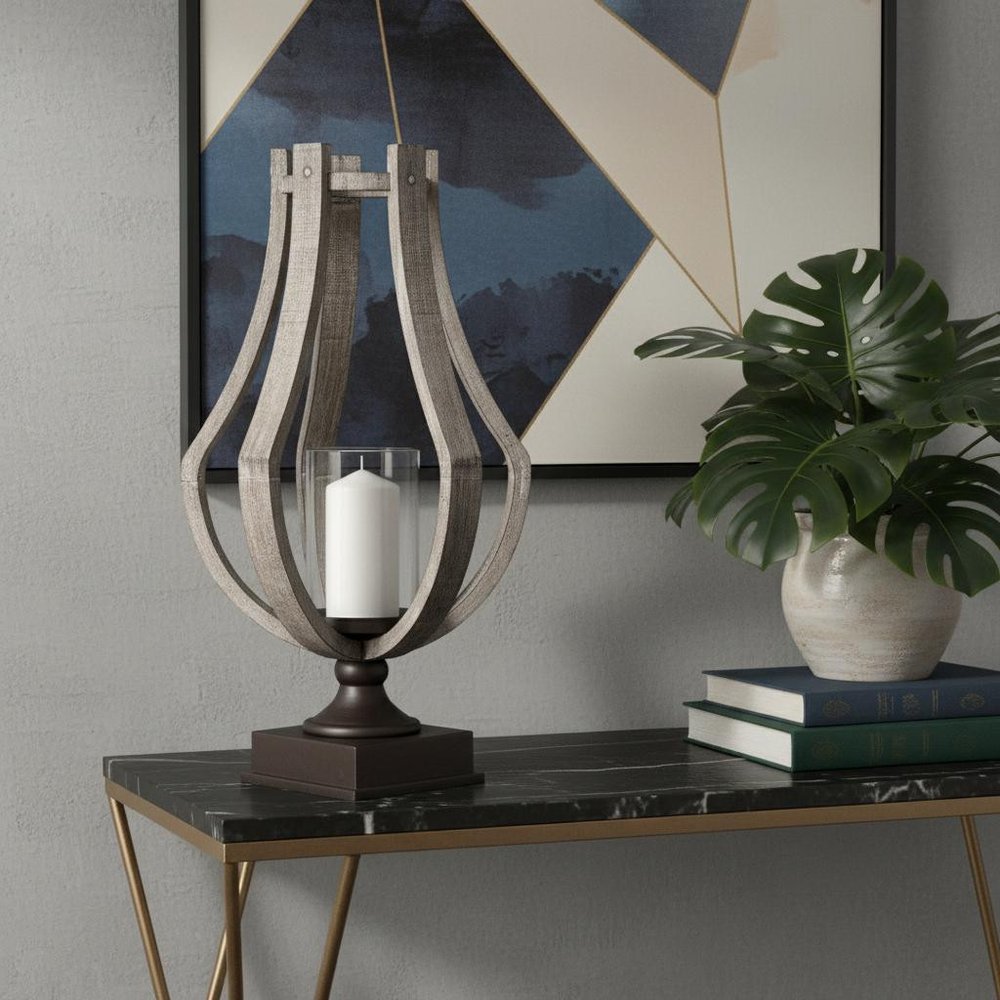 25" Brown Distressed Geometric Solid Wood Metal And Glass Tabletop Hurricane Candle Holder — view 5