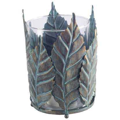 9" Green And Gold Distressed Botanical Leaf Metal And Glass Tabletop Hurricane Candle Holder HomeRoots