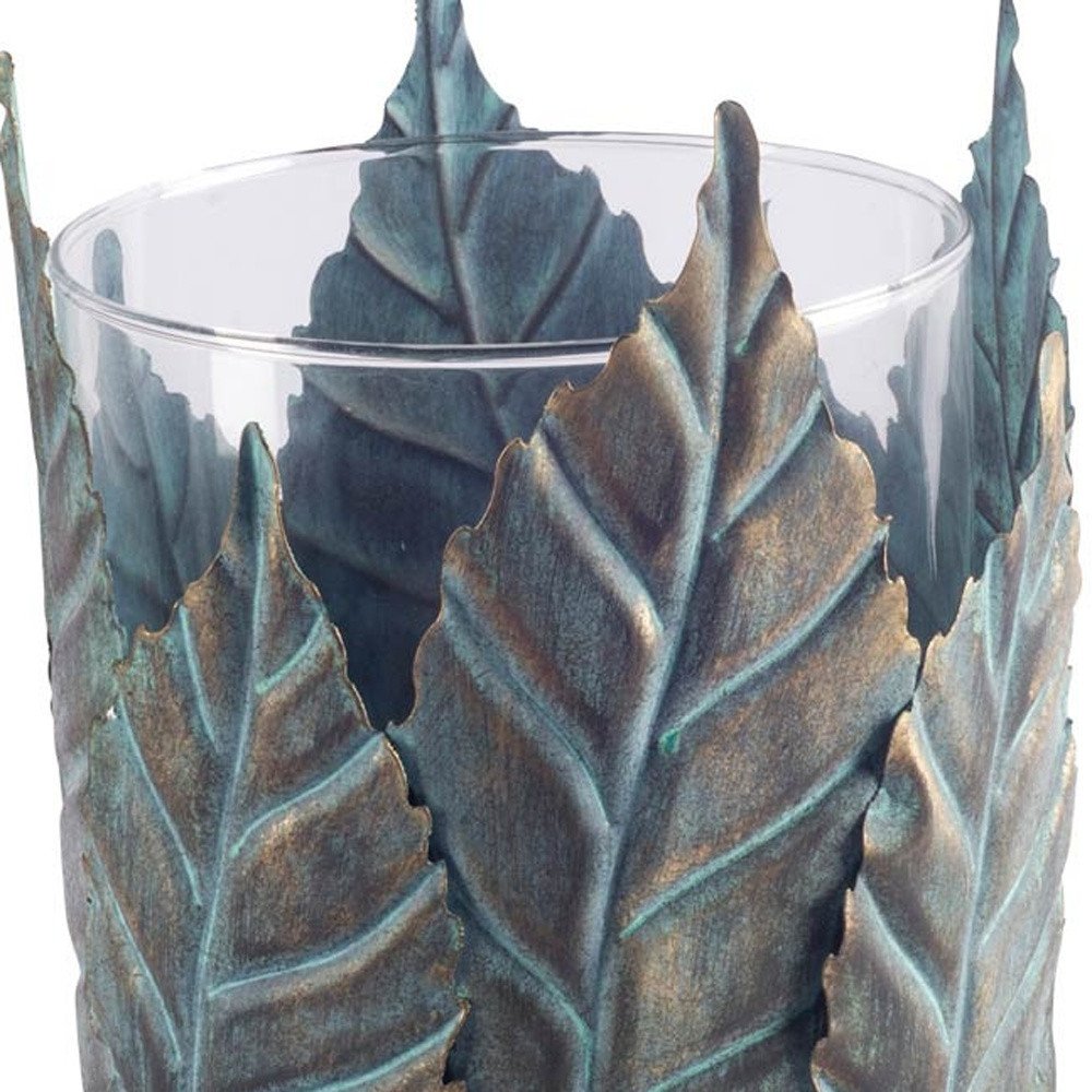 9" Green And Gold Distressed Botanical Leaf Metal And Glass Tabletop Hurricane Candle Holder — view 3