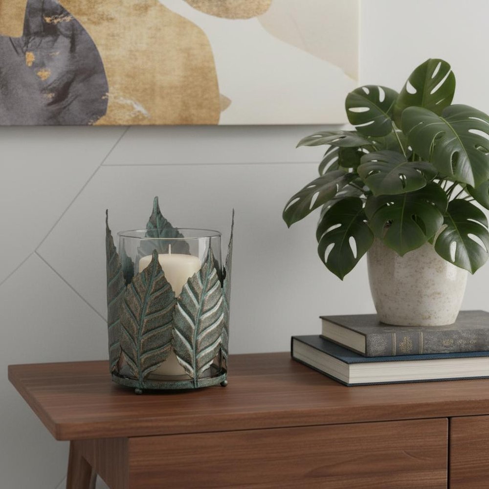 9" Green And Gold Distressed Botanical Leaf Metal And Glass Tabletop Hurricane Candle Holder — view 5
