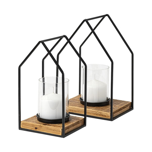 Set of Two Black And Brown Distressed Geometric Metal Tabletop Lantern Candle Holders