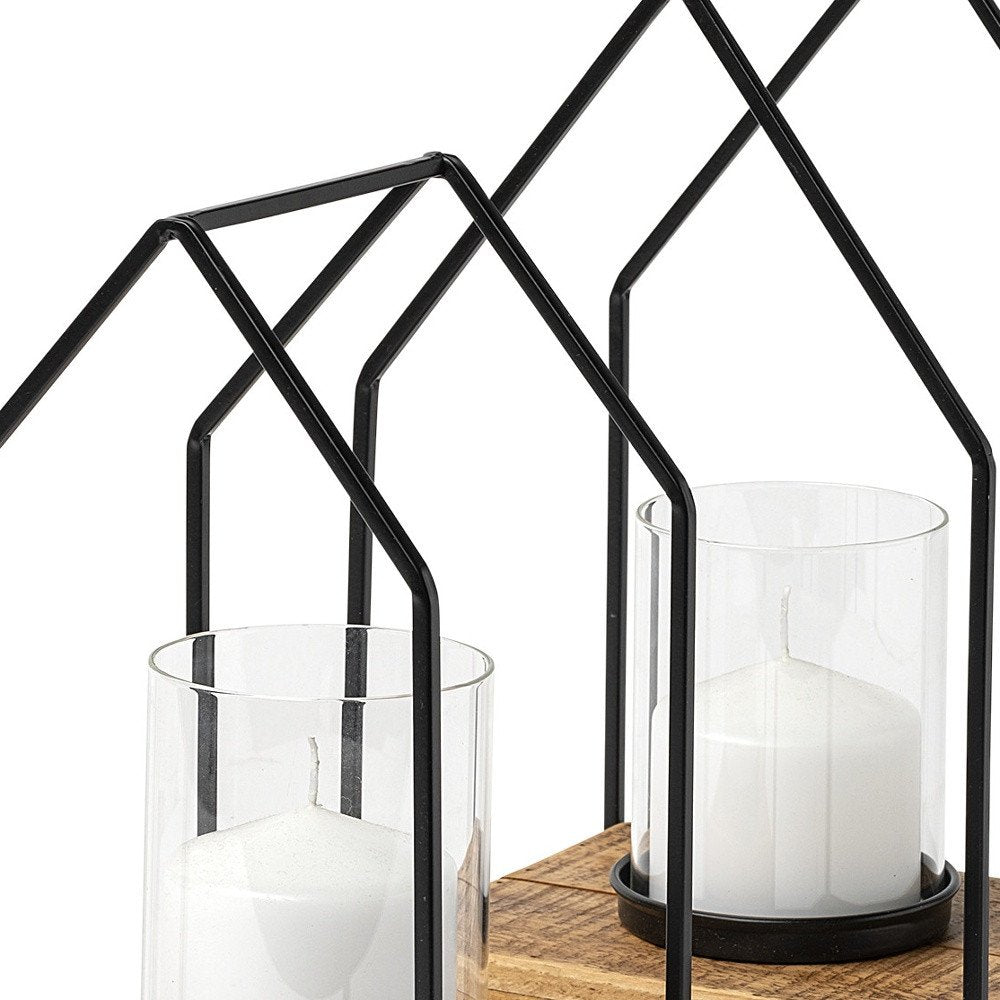Set of Two Black And Brown Distressed Geometric Metal Tabletop Lantern Candle Holders — view 2