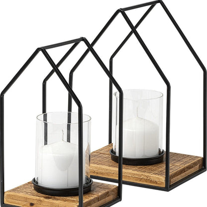 Set of Two Black And Brown Distressed Geometric Metal Tabletop Lantern Candle Holders HomeRoots