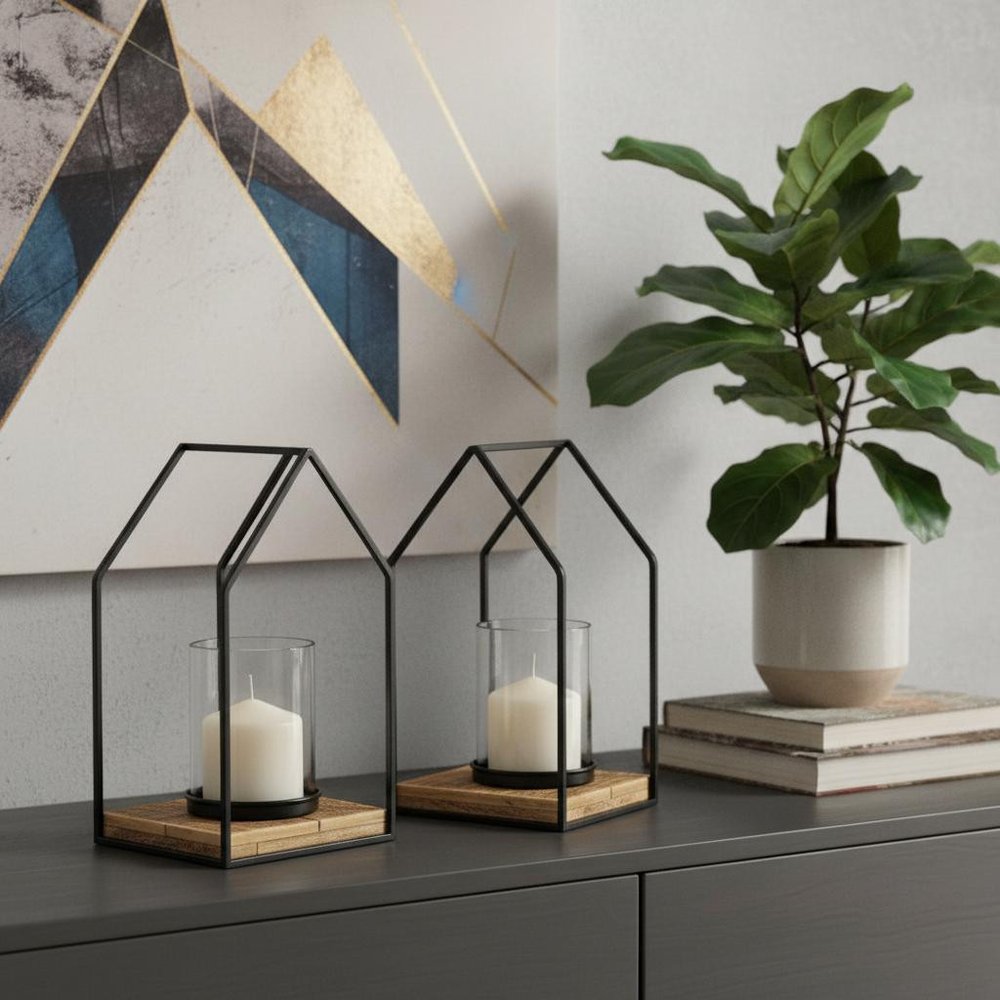 Set of Two Black And Brown Distressed Geometric Metal Tabletop Lantern Candle Holders — view 4