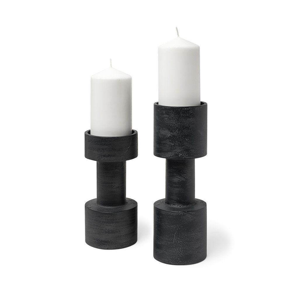 Set of Two Black Distressed Metal Tabletop Pillar Candle Holders HomeRoots