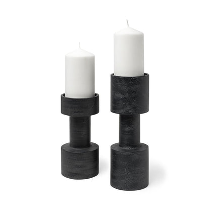 Set of Two Black Distressed Metal Tabletop Pillar Candle Holders HomeRoots