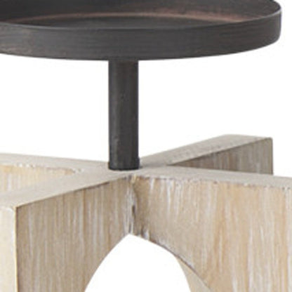 9" Black Distressed Geometric Solid Wood And Metal Tabletop Pillar Candle Holder HomeRoots