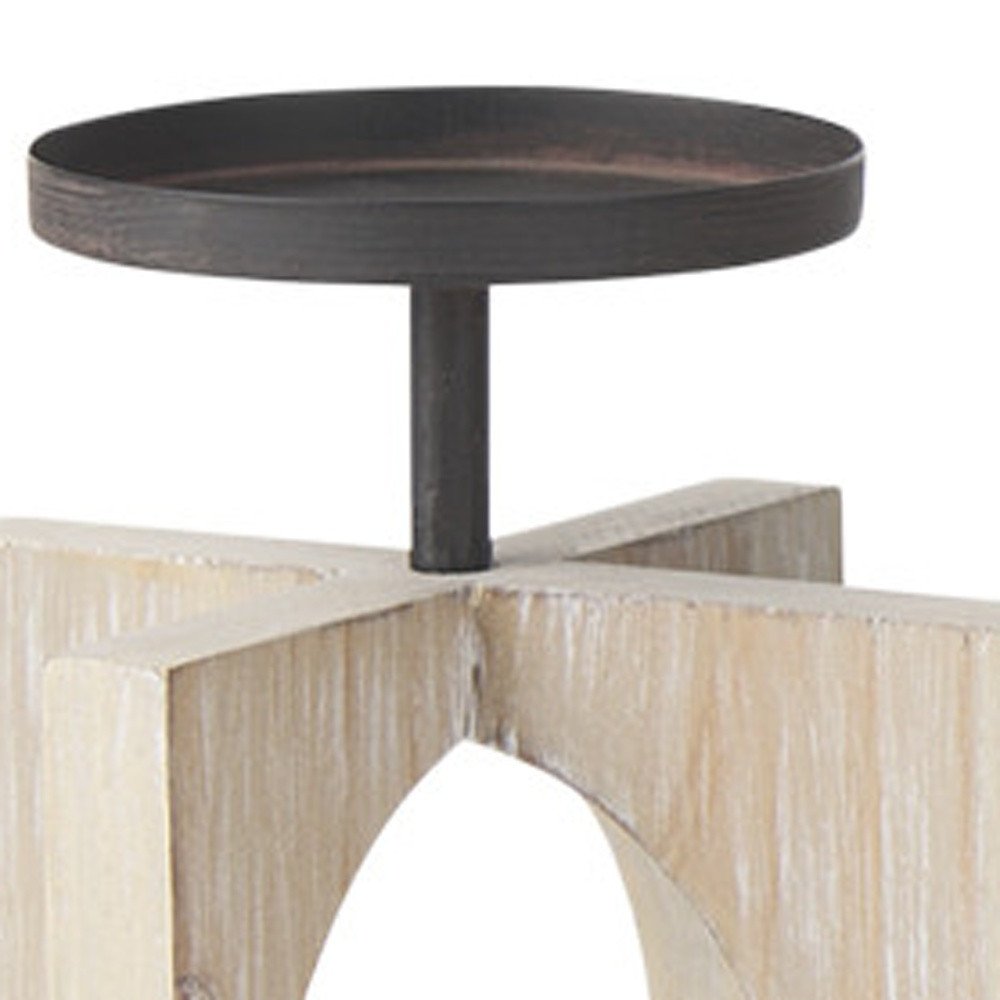 9" Black Distressed Geometric Solid Wood And Metal Tabletop Pillar Candle Holder HomeRoots