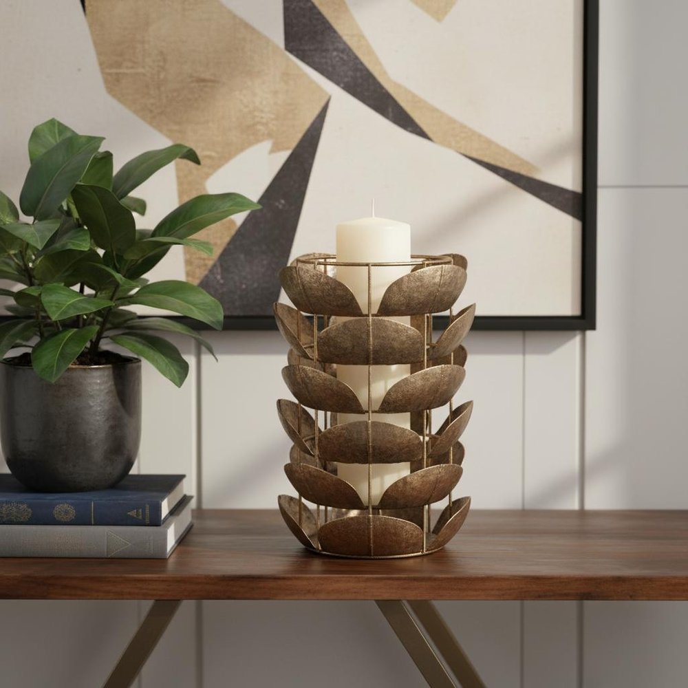 10" Bronze Distressed Botanical Leaf Metal Tabletop Hurricane Candle Holder HomeRoots