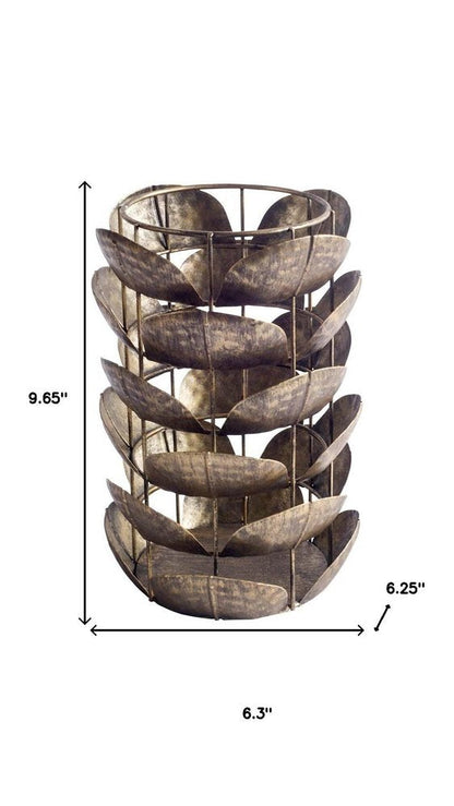 10" Bronze Distressed Botanical Leaf Metal Tabletop Hurricane Candle Holder HomeRoots
