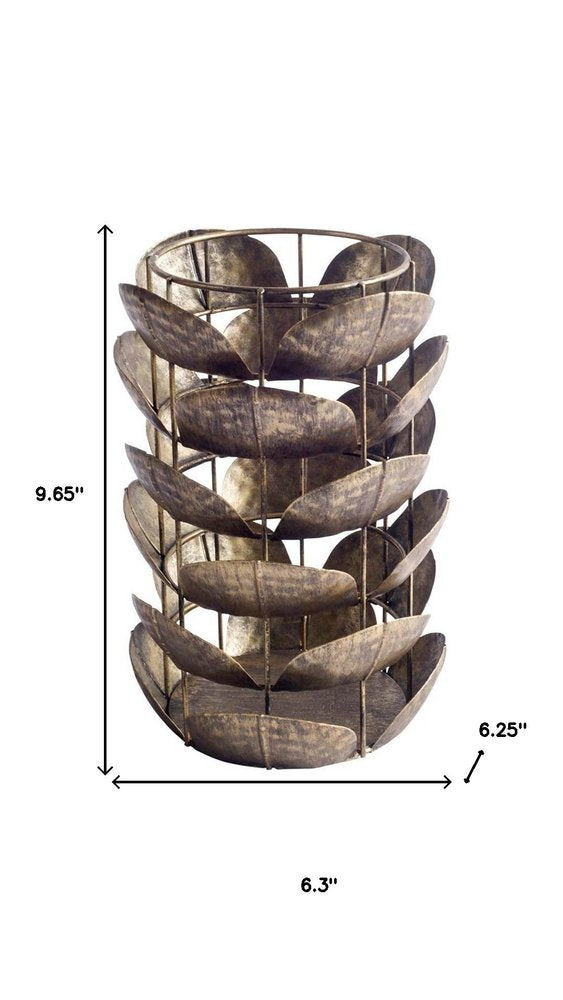 10" Bronze Distressed Botanical Leaf Metal Tabletop Hurricane Candle Holder HomeRoots