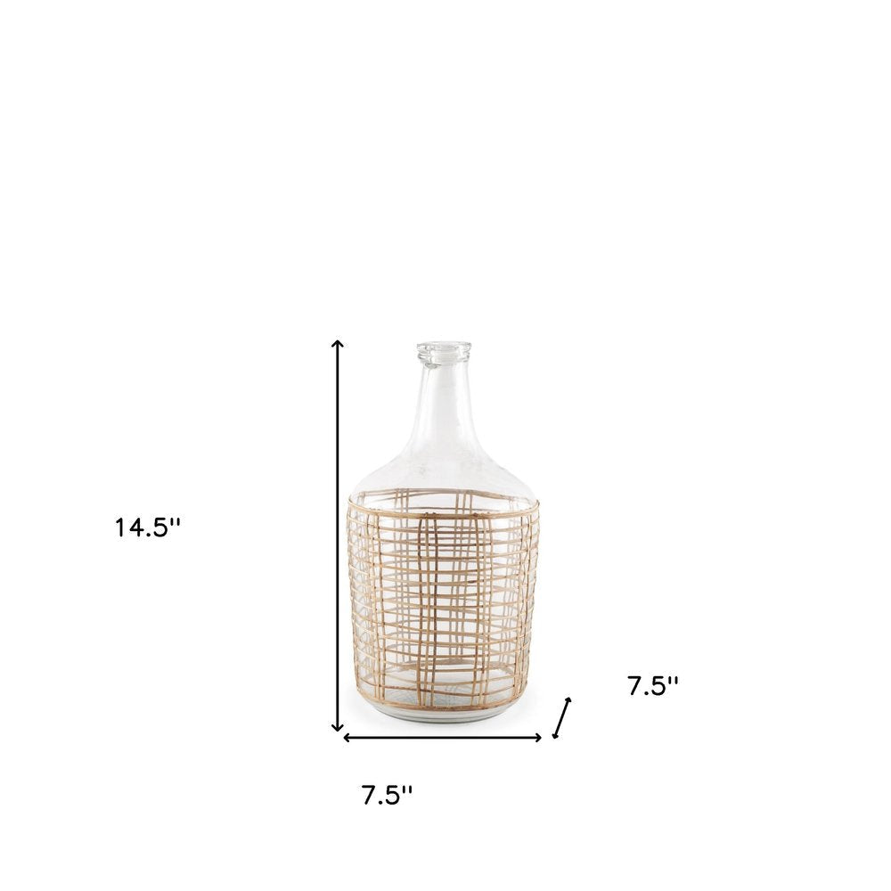 15" Clear And Natural Glass Round Floor Vase With Wrapped Rattan HomeRoots