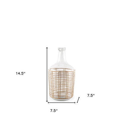 15" Clear And Natural Glass Round Floor Vase With Wrapped Rattan HomeRoots