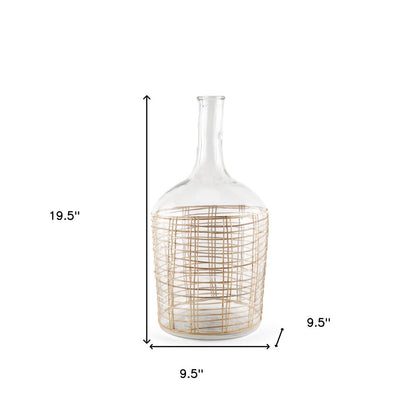 20" Clear And Natural Glass Round Floor Vase With Wrapped Rattan HomeRoots