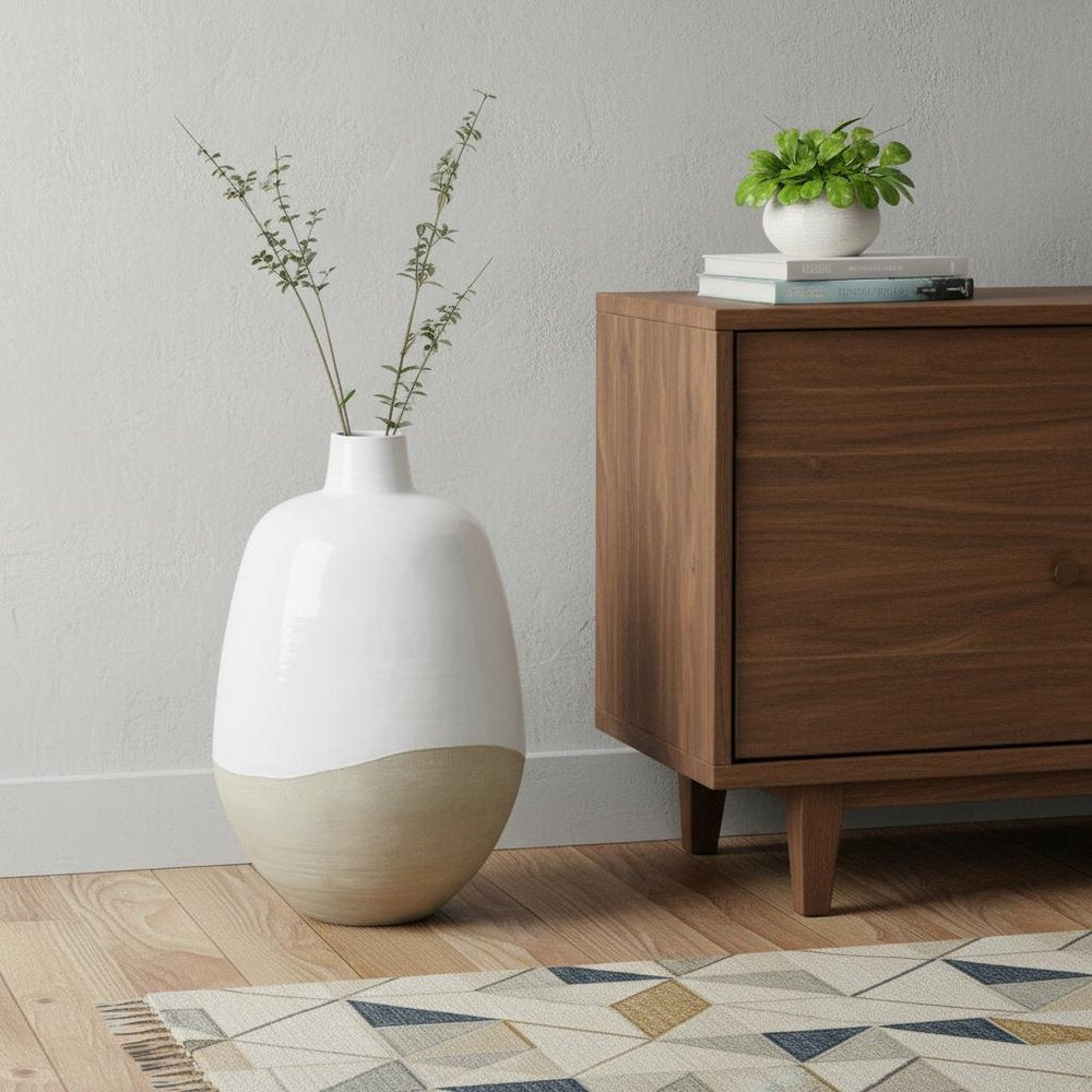 32" White And Beige Color Block Ceramic Round Floor Vase HomeRoots