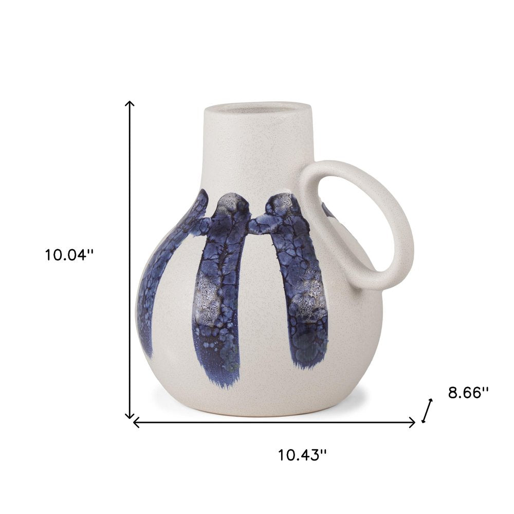 10" White And Blue Abstract Ceramic Amphora Jug Vase HomeRoots