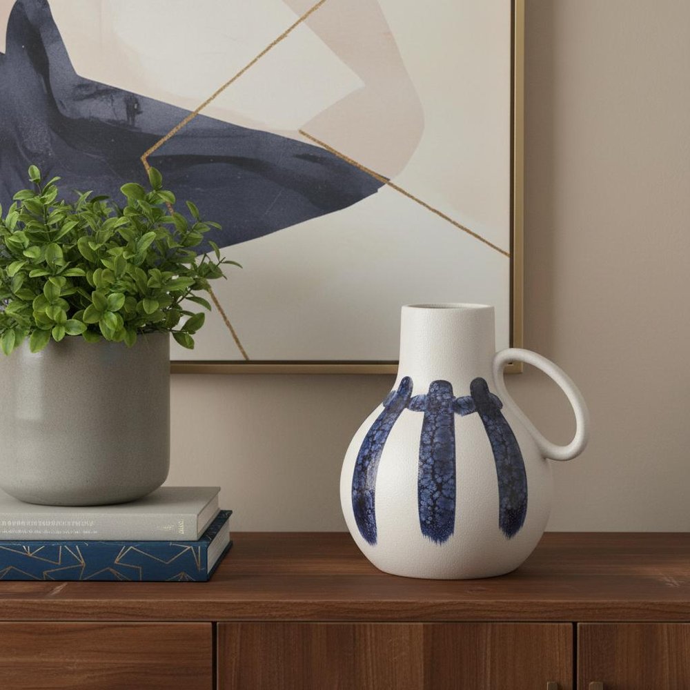 10" White And Blue Abstract Ceramic Amphora Jug Vase HomeRoots