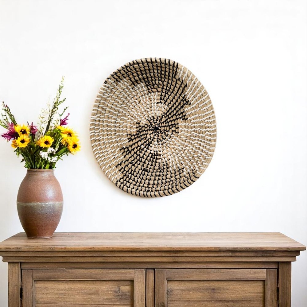 12" X 12" Brown Black And White Round Geo Seagrass Hanging Dimensional Sculpture — view 5
