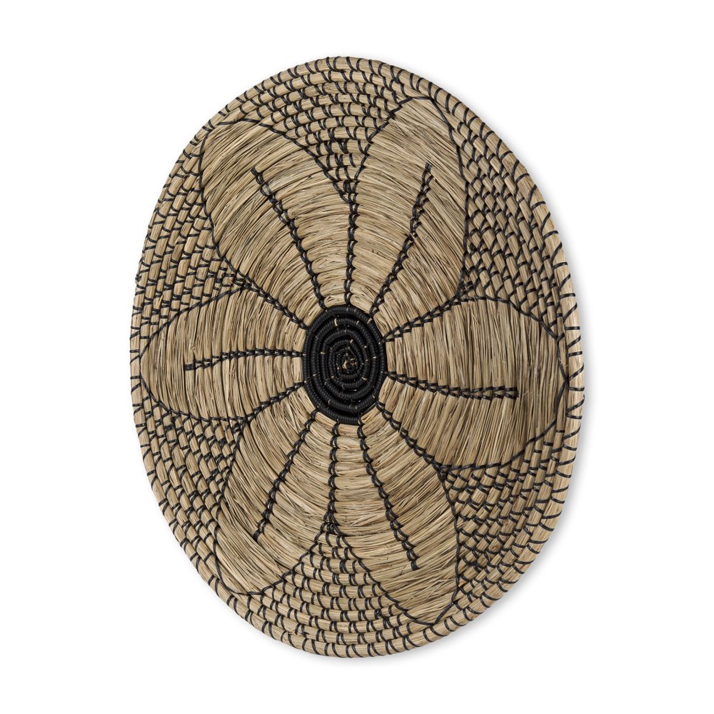 24" X 24" Natural And Black Round Floral Seagrass Hanging Dimensional Sculpture