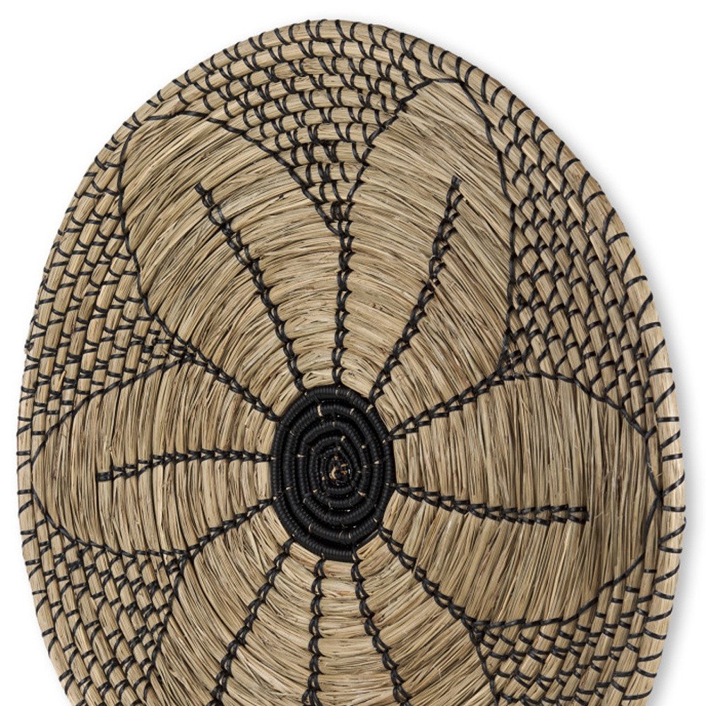 24" X 24" Natural And Black Round Floral Seagrass Hanging Dimensional Sculpture