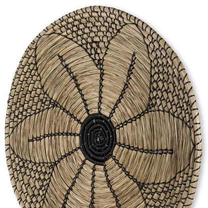 24" X 24" Natural And Black Round Floral Seagrass Hanging Dimensional Sculpture