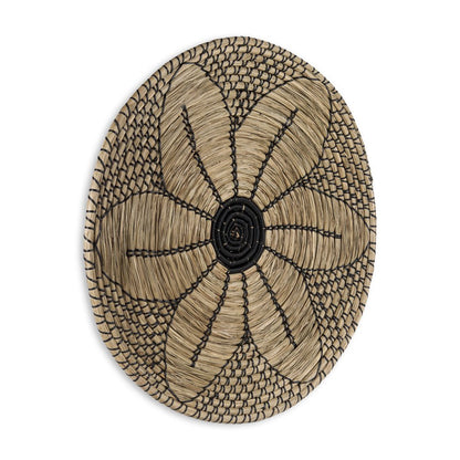 24" X 24" Natural And Black Round Floral Seagrass Hanging Dimensional Sculpture