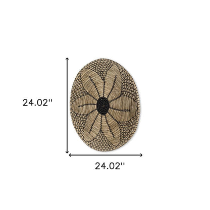 24" X 24" Natural And Black Round Floral Seagrass Hanging Dimensional Sculpture