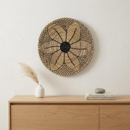 24" X 24" Natural And Black Round Floral Seagrass Hanging Dimensional Sculpture