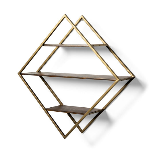 30" Antiqued Brass And Brown Metal And Solid Wood Diamond Shaped Accent Shelf HomeRoots