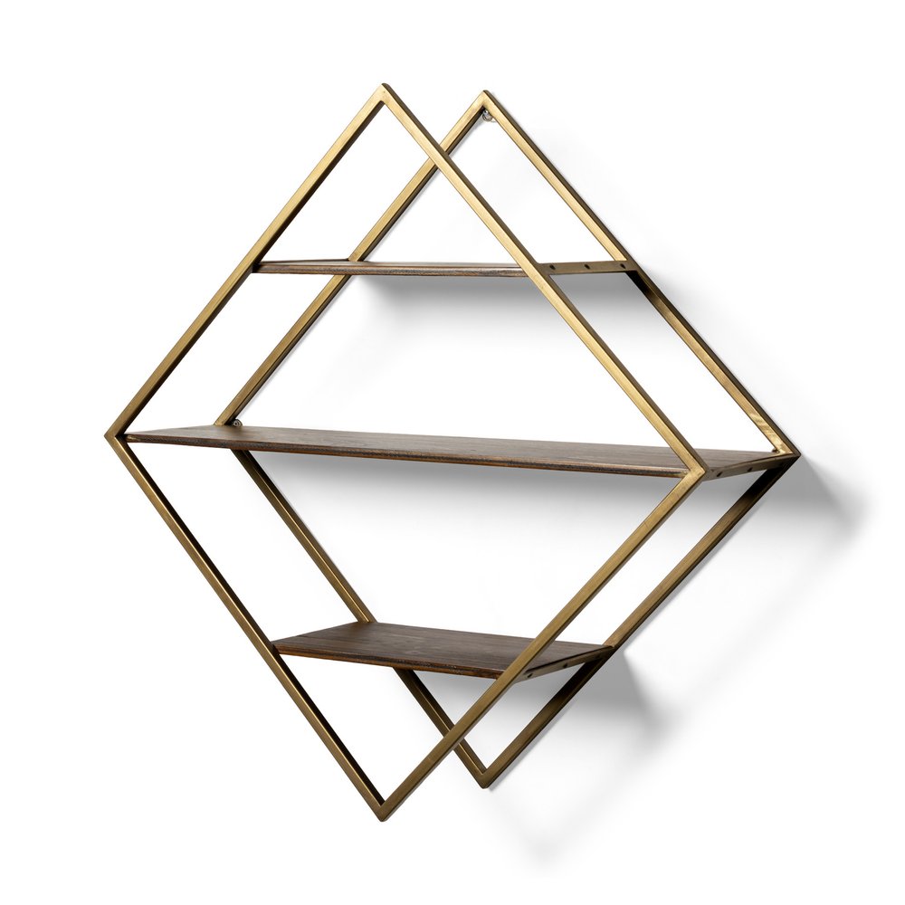 30" Antiqued Brass And Brown Metal And Solid Wood Diamond Shaped Accent Shelf HomeRoots
