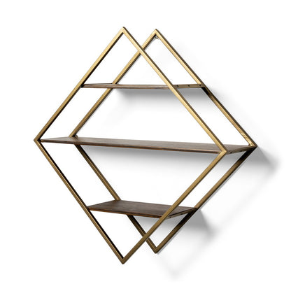30" Antiqued Brass And Brown Metal And Solid Wood Diamond Shaped Accent Shelf HomeRoots