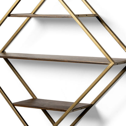 30" Antiqued Brass And Brown Metal And Solid Wood Diamond Shaped Accent Shelf HomeRoots