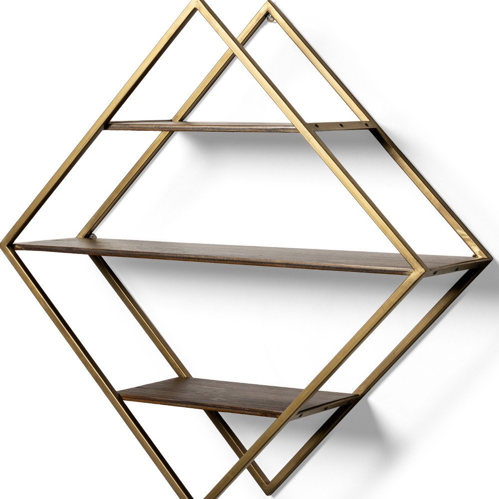 30" Antiqued Brass And Brown Metal And Solid Wood Diamond Shaped Accent Shelf HomeRoots