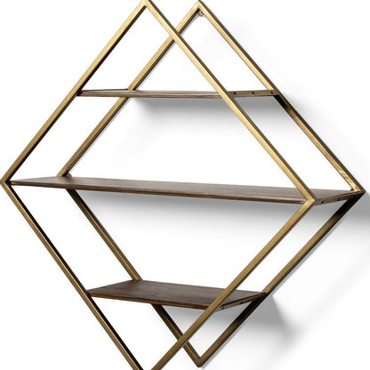 30" Antiqued Brass And Brown Metal And Solid Wood Diamond Shaped Accent Shelf HomeRoots