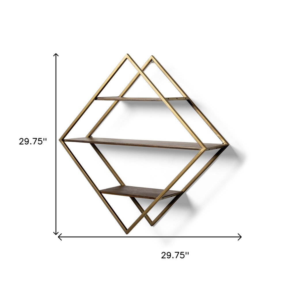 30" Antiqued Brass And Brown Metal And Solid Wood Diamond Shaped Accent Shelf HomeRoots