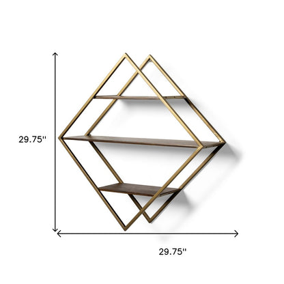 30" Antiqued Brass And Brown Metal And Solid Wood Diamond Shaped Accent Shelf HomeRoots