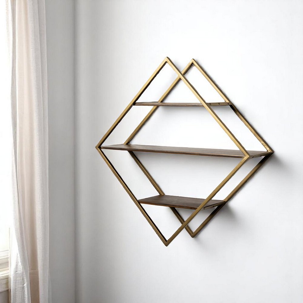 30" Antiqued Brass And Brown Metal And Solid Wood Diamond Shaped Accent Shelf HomeRoots