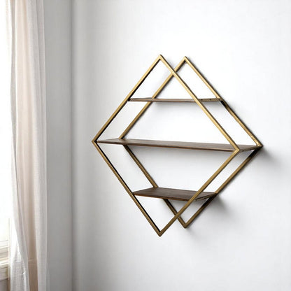 30" Antiqued Brass And Brown Metal And Solid Wood Diamond Shaped Accent Shelf HomeRoots
