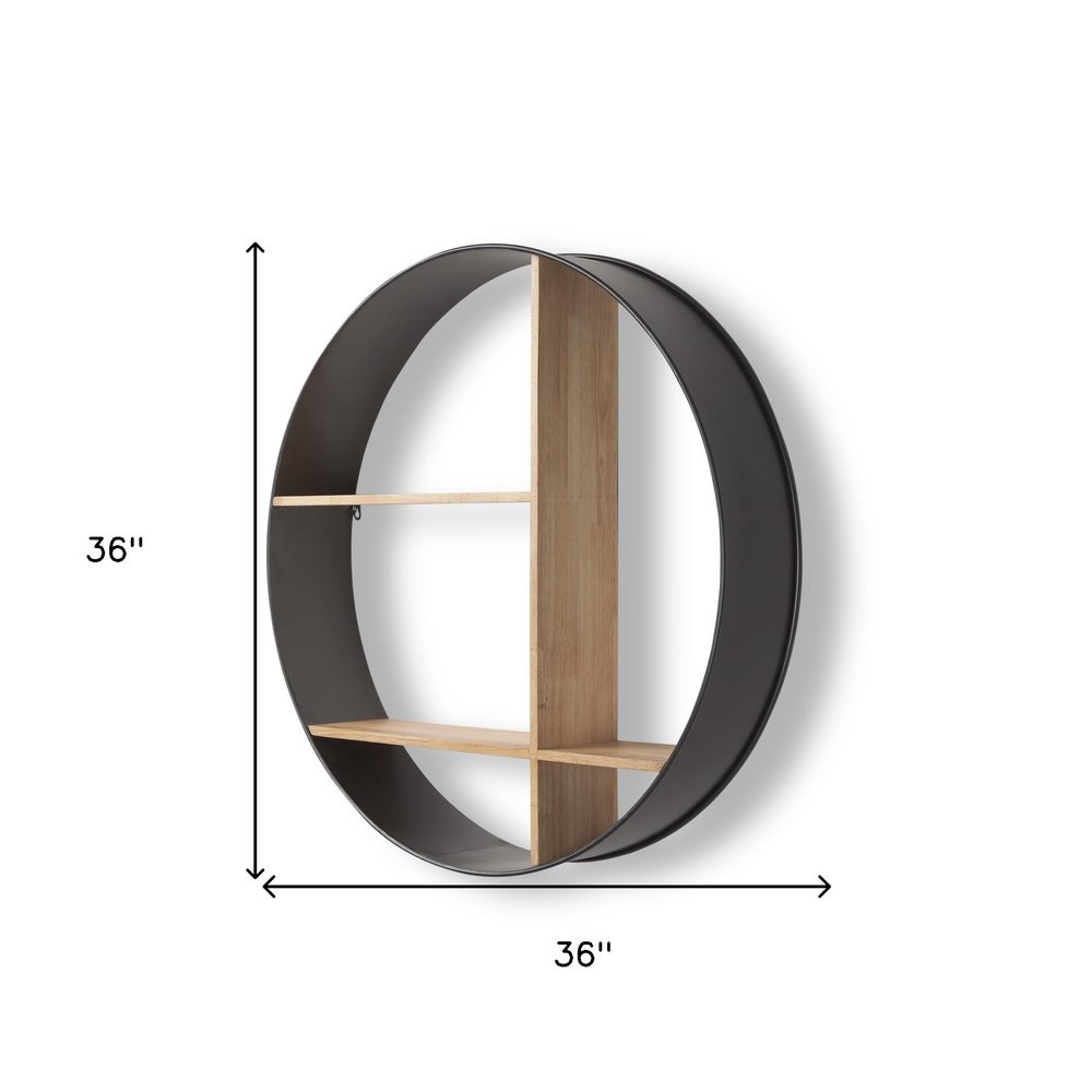 36" Black And Brown Metal And Wood Circular Multi Tier Shelf HomeRoots