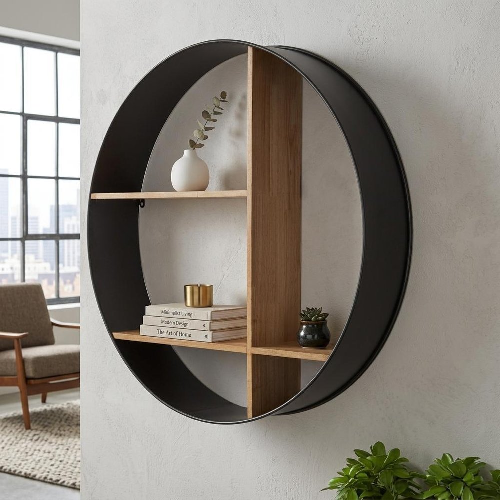 36" Black And Brown Metal And Wood Circular Multi Tier Shelf HomeRoots