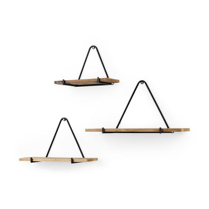 Set Of Three Black And Brown Metal And Solid Wood Triangle Wall Mounted Accent Shelves HomeRoots