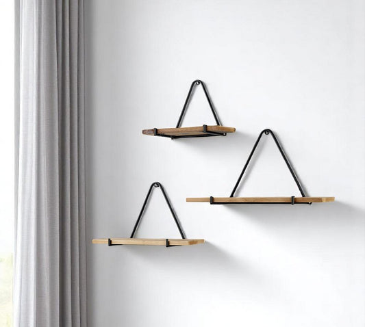 Set Of Three Black And Brown Metal And Solid Wood Triangle Wall Mounted Accent Shelves HomeRoots