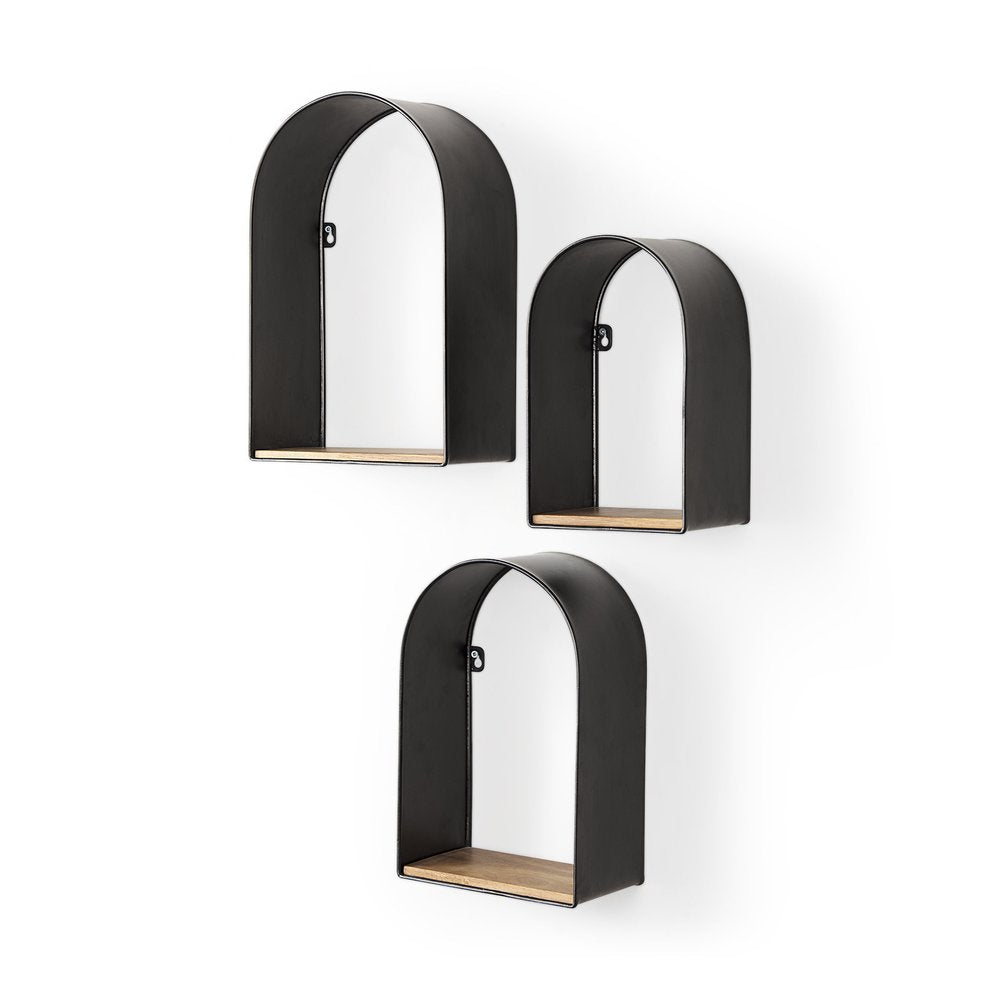 Set Of Three Black And Brown Metal And Solid Wood Arched Wall Mounted Accent Shelf HomeRoots