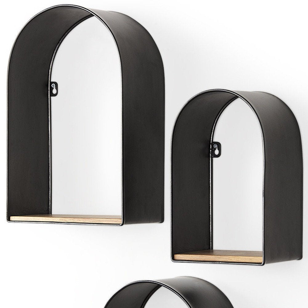 Set Of Three Black And Brown Metal And Solid Wood Arched Wall Mounted Accent Shelf HomeRoots