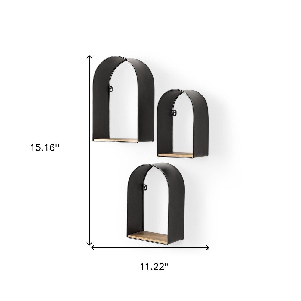 Set Of Three Black And Brown Metal And Solid Wood Arched Wall Mounted Accent Shelf HomeRoots