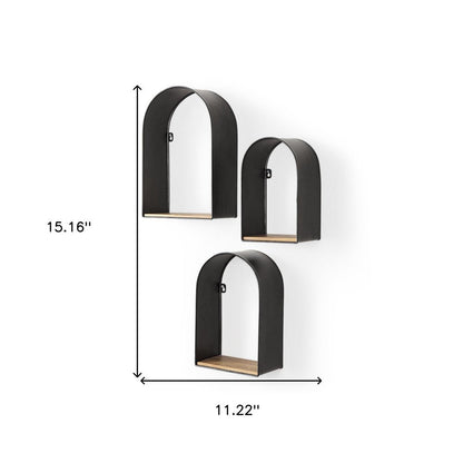 Set Of Three Black And Brown Metal And Solid Wood Arched Wall Mounted Accent Shelf HomeRoots