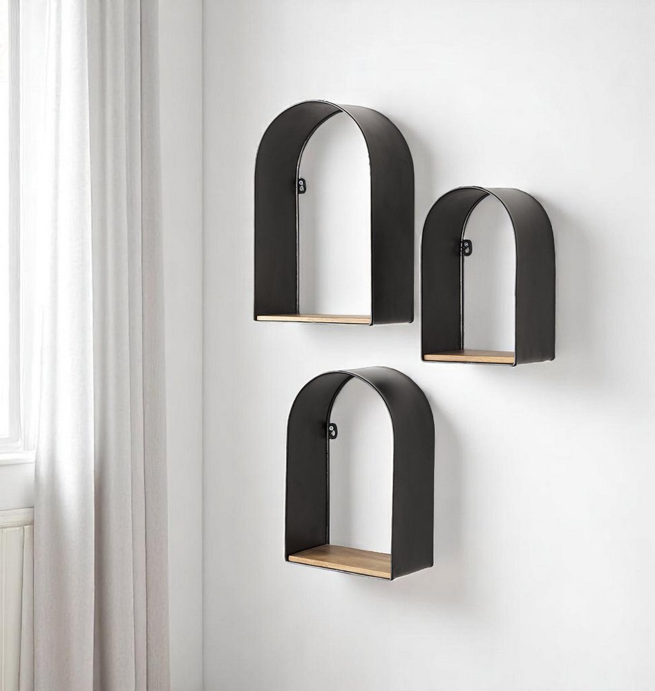 Set Of Three Black And Brown Metal And Solid Wood Arched Wall Mounted Accent Shelf HomeRoots
