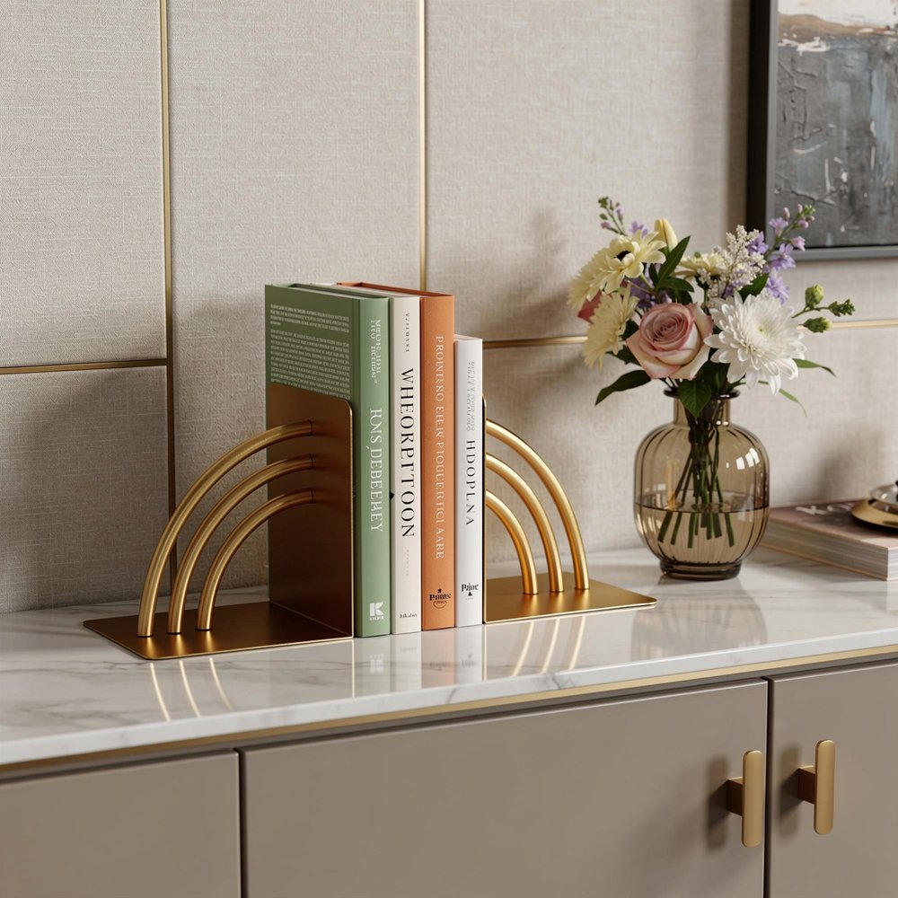Set of Two Gold Metal Geo Arch Decorative Bookends HomeRoots
