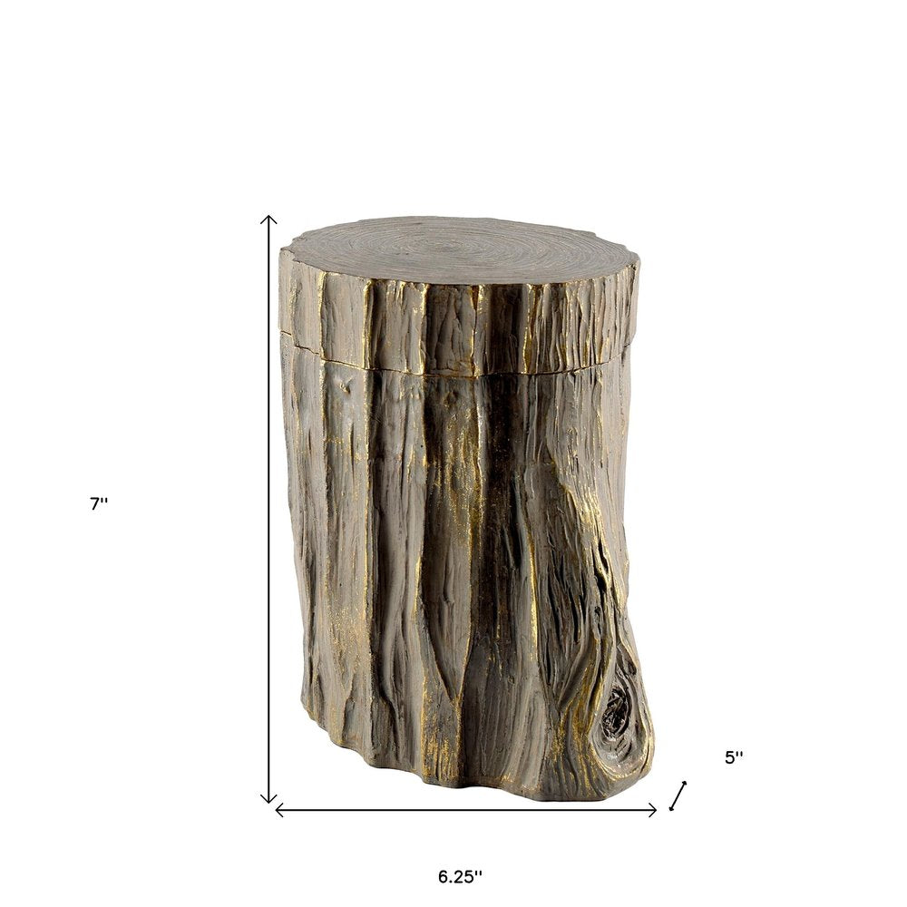 7" Brown And Gold Resin Modern Abstract Tree Stump Decorative Box HomeRoots
